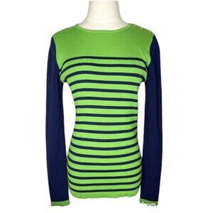 Lauren Ralph Lauren Green/Navy Blue Striped Long Sleeve Top - Medium
